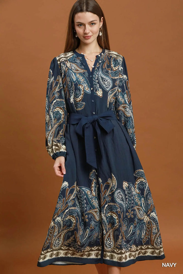 Adeline Paisley Belted Midi Dress – Navy
