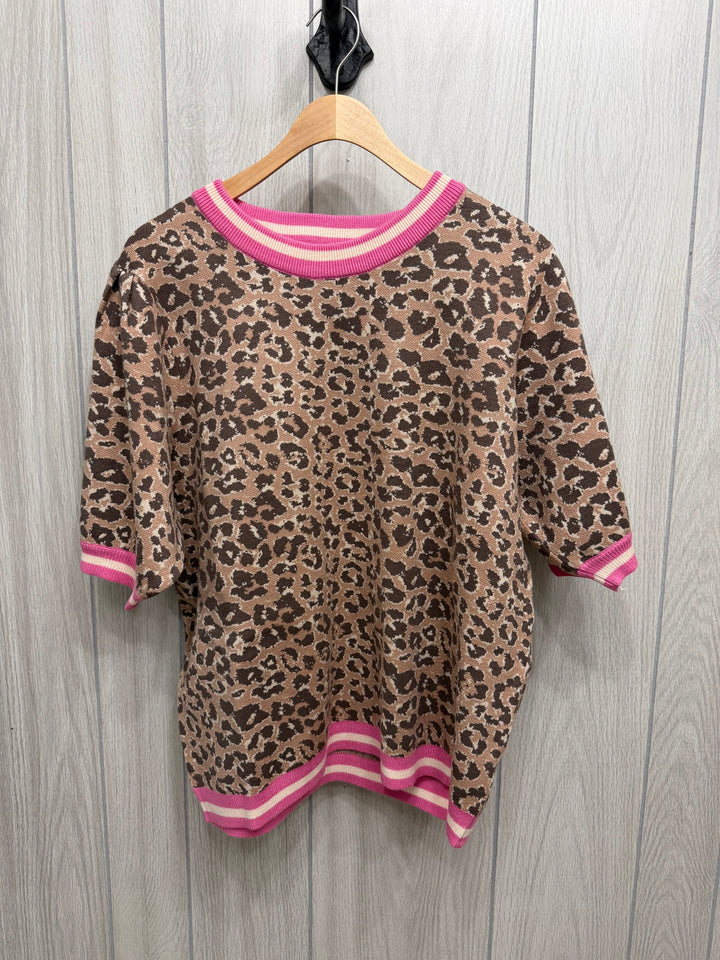 Leopard Knit Short Sleeve Sweater with Hot Pink Trim - Plus Size