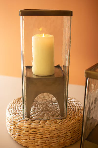 Antique Brass & Glass Square Hurricane Candle Holders