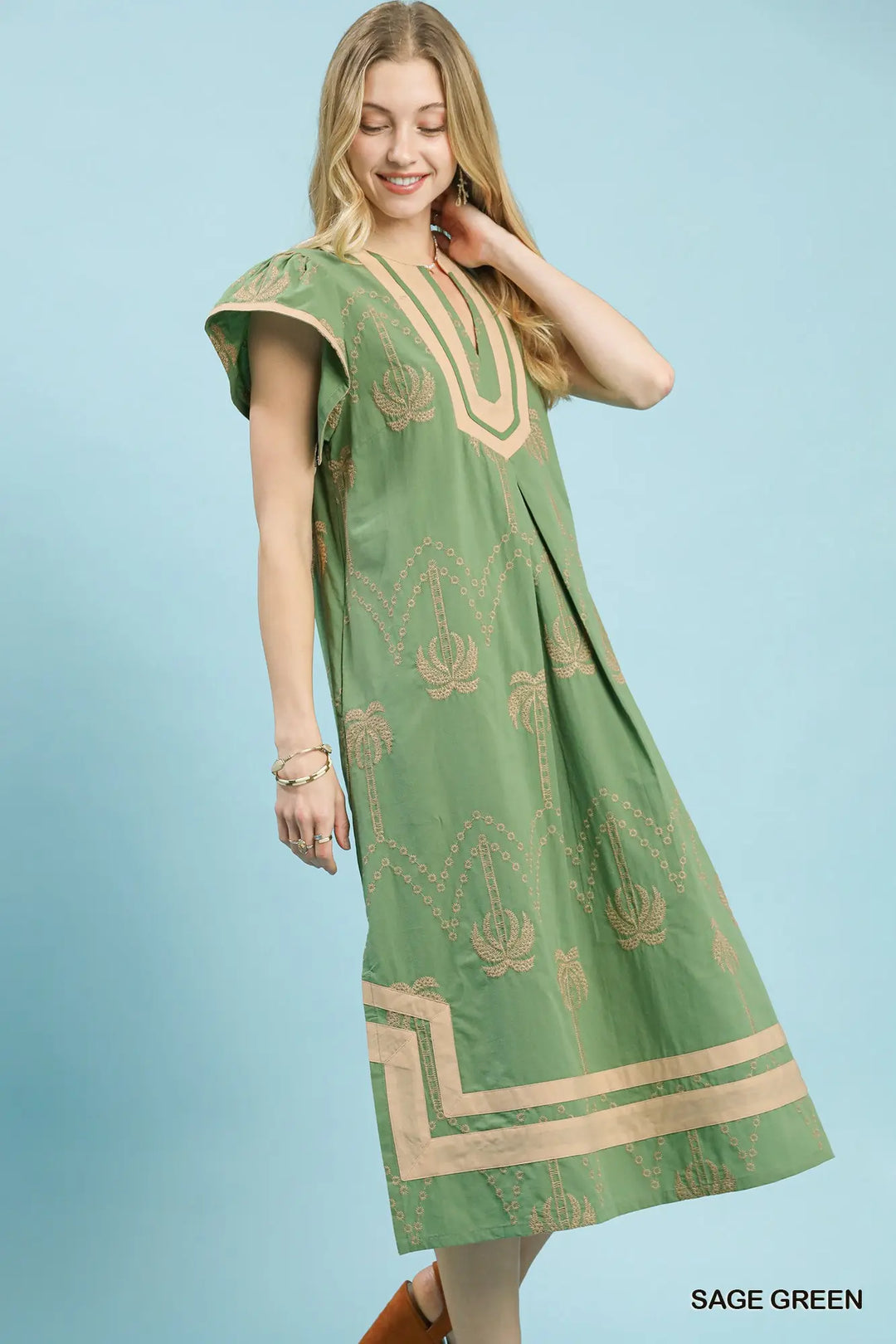 Sage Palms Embroidered Midi Dress