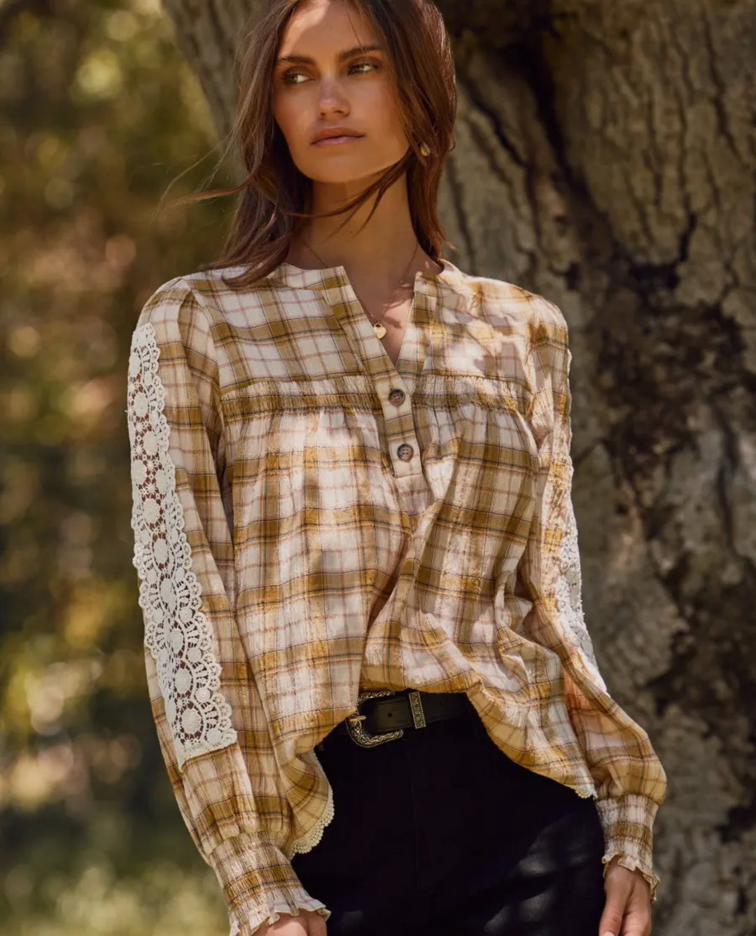Golden Hour Lace-Inset Plaid Top