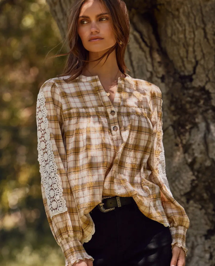 Golden Hour Lace-Inset Plaid Top