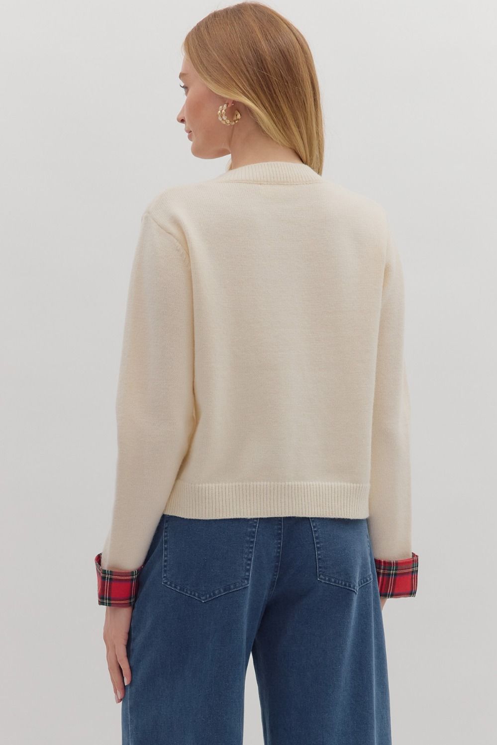 Plaid Trim Button Sweater