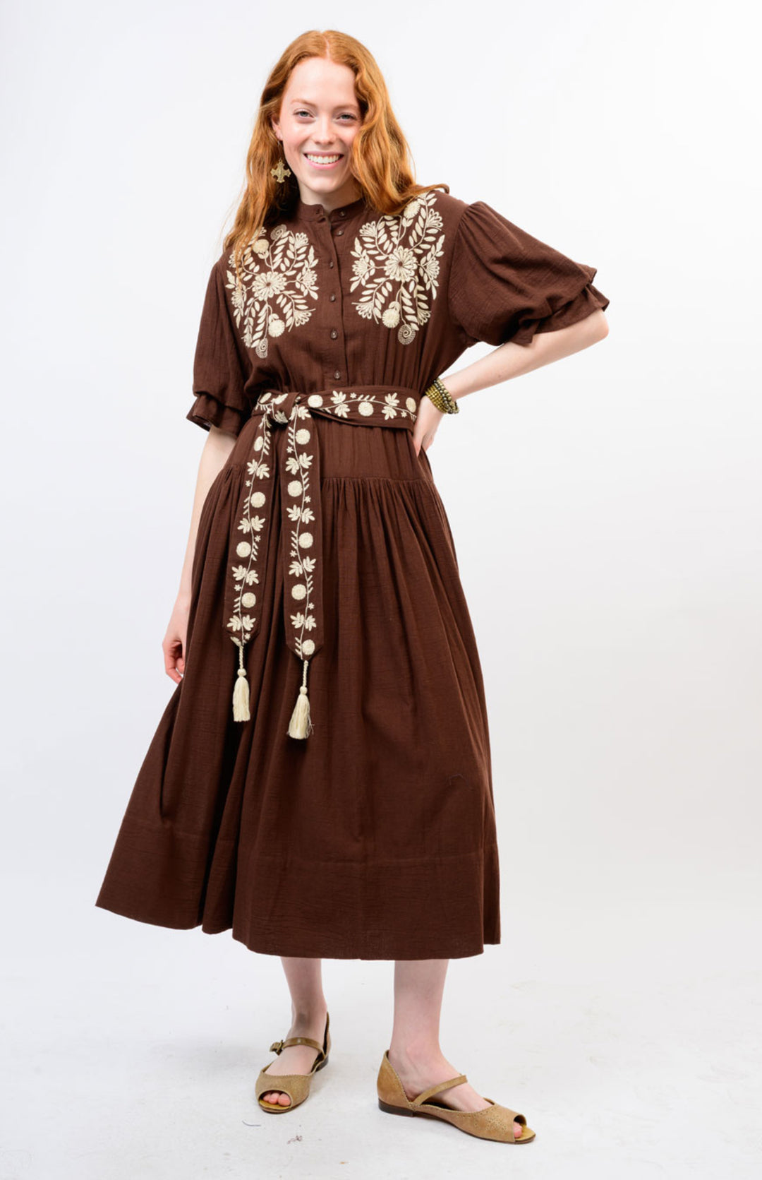 Mocha Embroidered Midi Dress