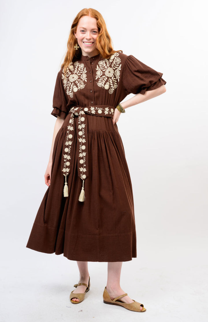 Mocha Embroidered Midi Dress