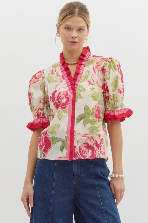 Pink Floral with Ruffled Details Top