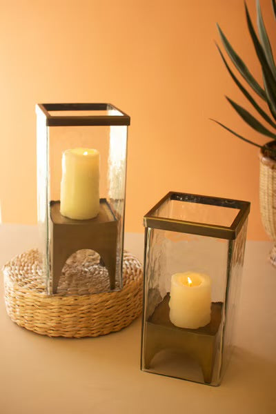 Antique Brass & Glass Square Hurricane Candle Holders
