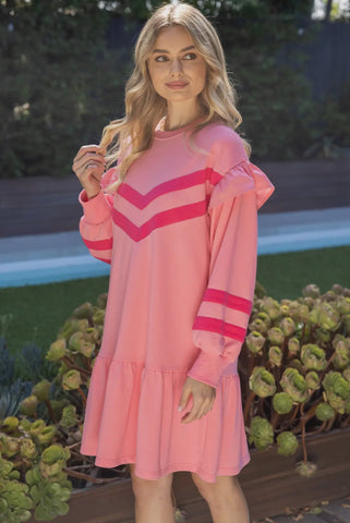 Pink Bias Stripes Long Sleeve Tiered Dress