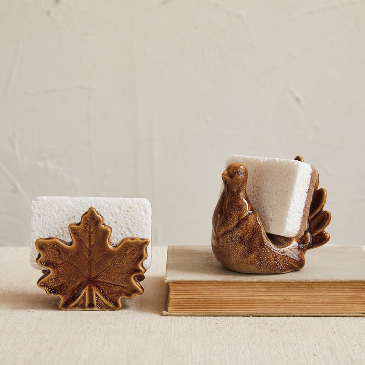 Stoneware Leaf Sponge Holder with Sponge
