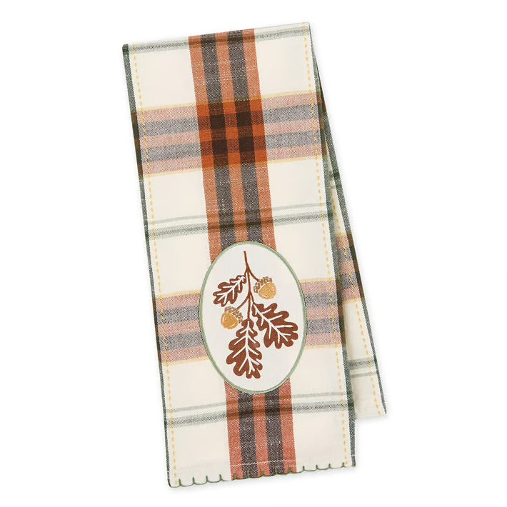 Harvest Oak Embroidered Plaid Dish Towel