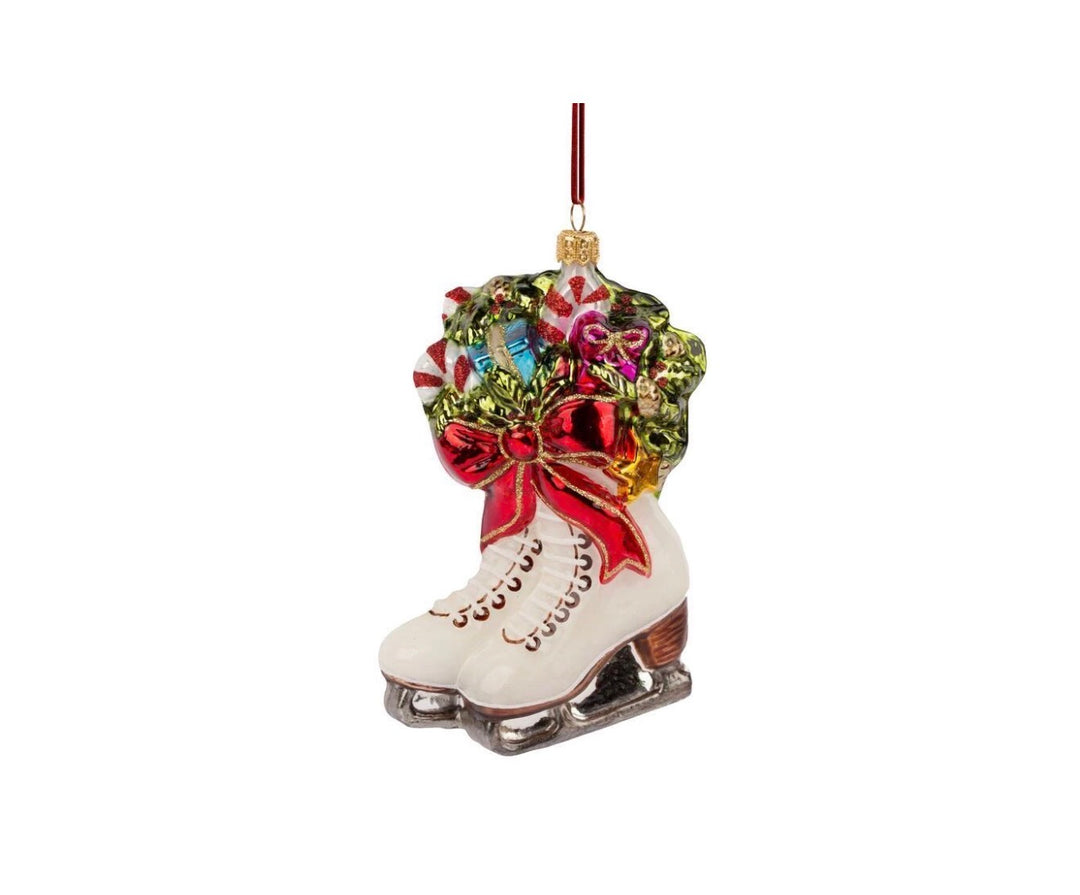 Huras Family: Ice Skates with a Red Bow Glass Ornament