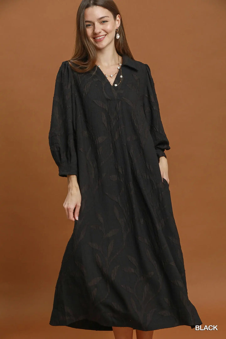 Camille Textured Collared Midi Dress – Black