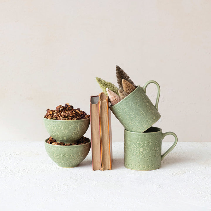 Green Holiday Stoneware Mugs