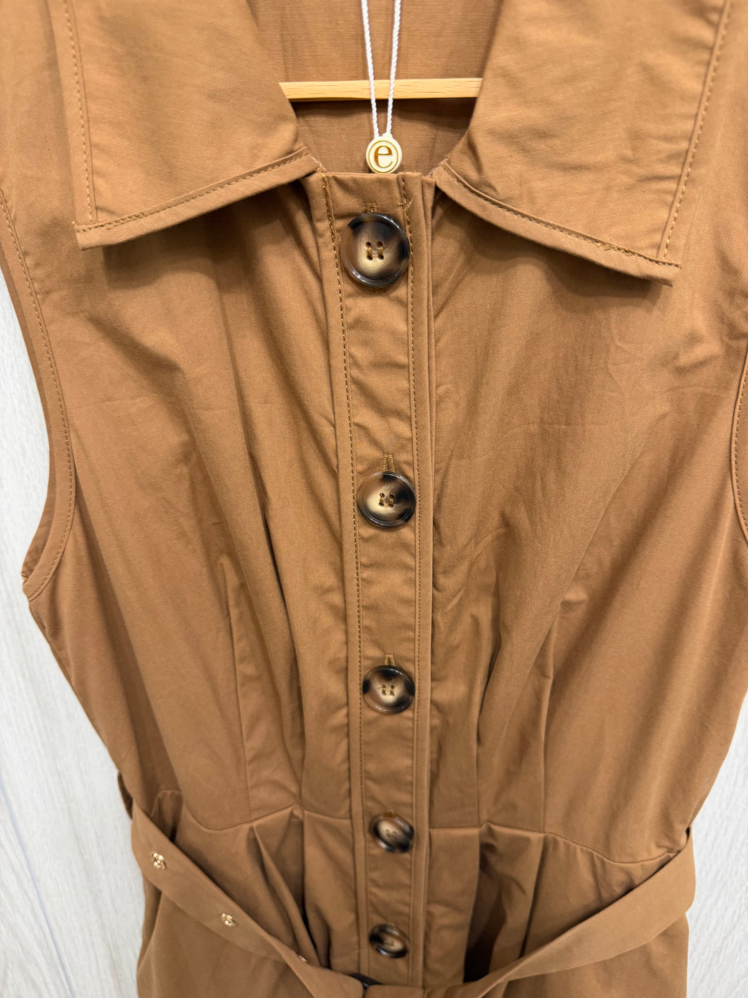 Camel Button-Front Belted Midi Dress