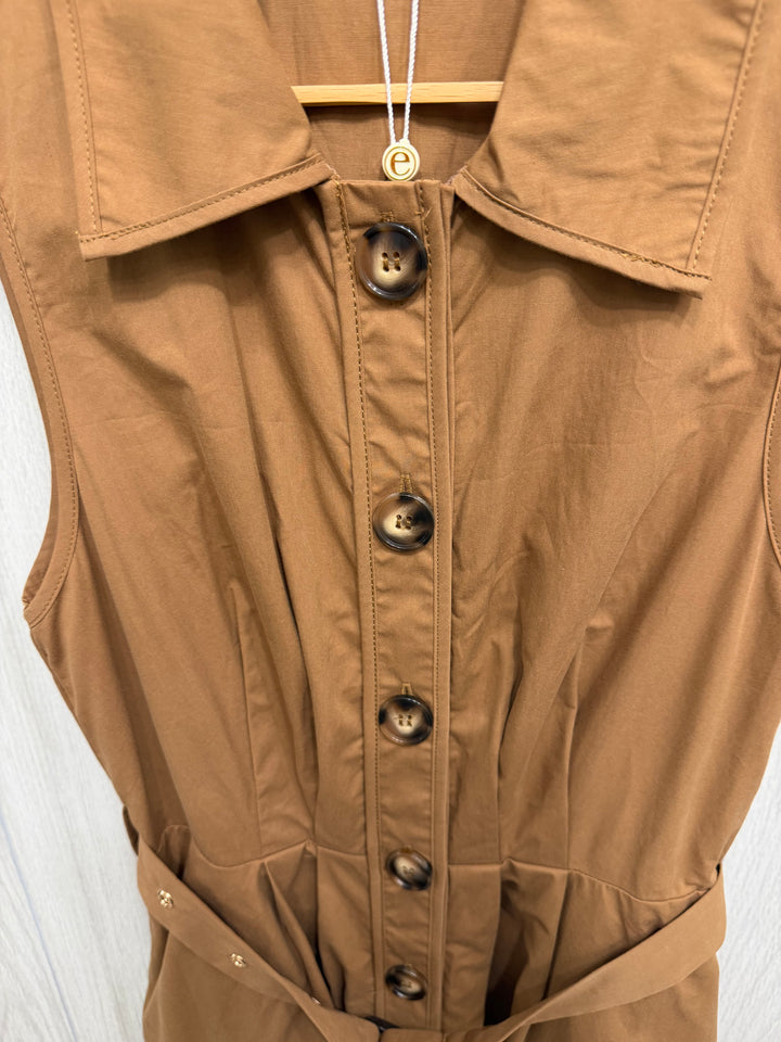 Camel Button-Front Belted Midi Dress