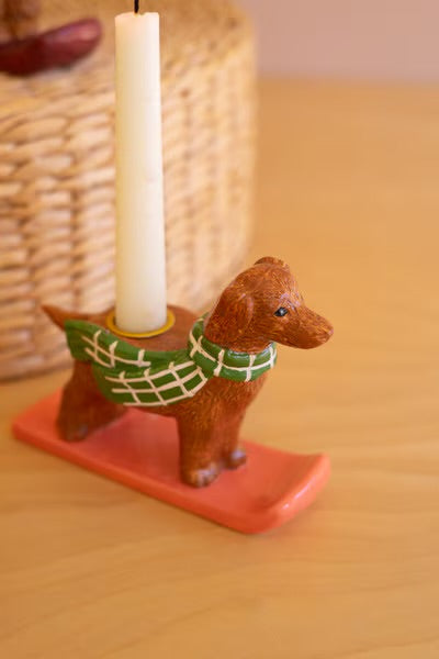 Ski Lodge Christmas Dog Taper Holders