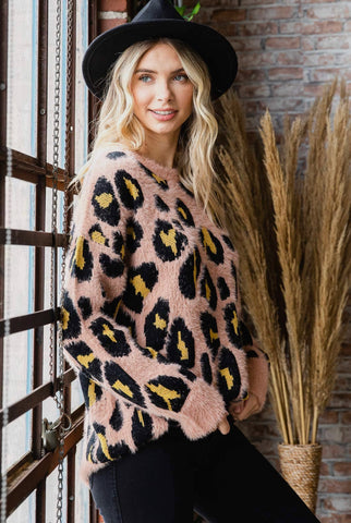 Fuzzy Pink Leopard Sweater