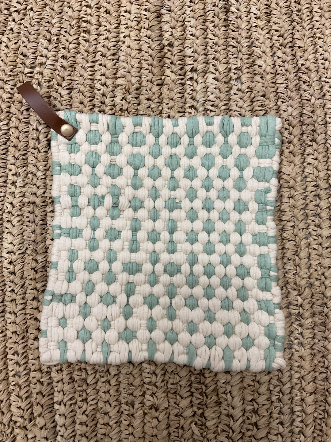 Cotton Crocheted Pot Holder with Leather Strap