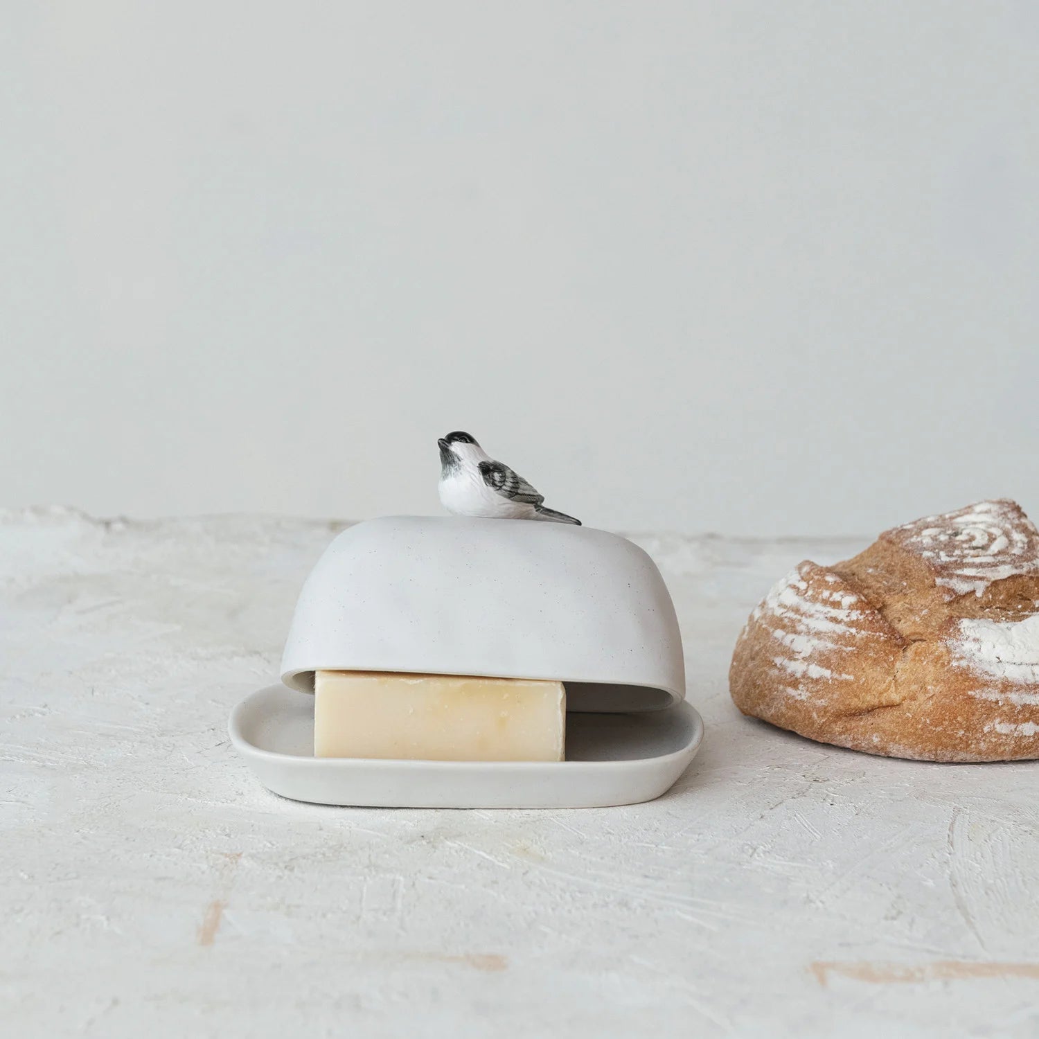 Stoneware Butter Dish with Bird Shaped Handle