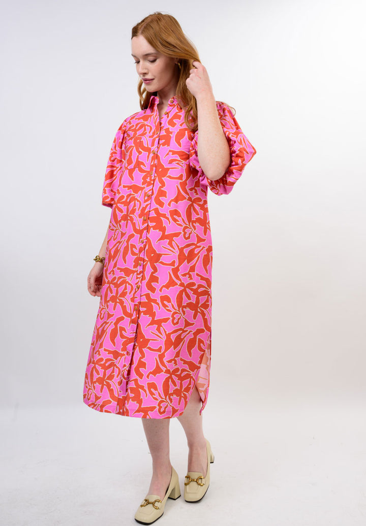 Pink Palms Button-Front Midi Dress
