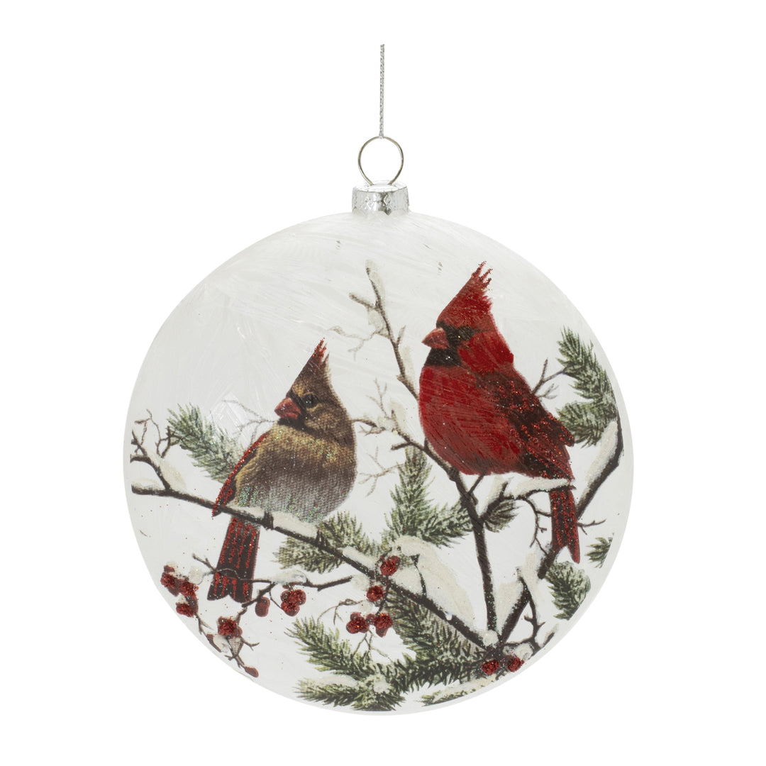 Winter Cardinal Pair Glass Disc Ornament