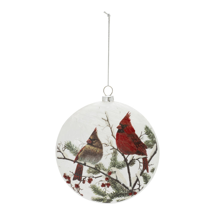 Winter Cardinal Pair Glass Disc Ornament