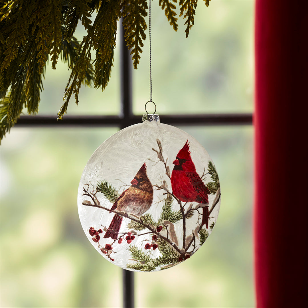 Winter Cardinal Pair Glass Disc Ornament
