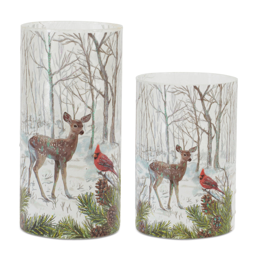Winter Woodland Deer & Cardinal Candle Holders - Set of Two