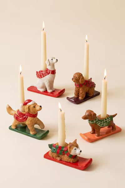 Ski Lodge Christmas Dog Taper Holders