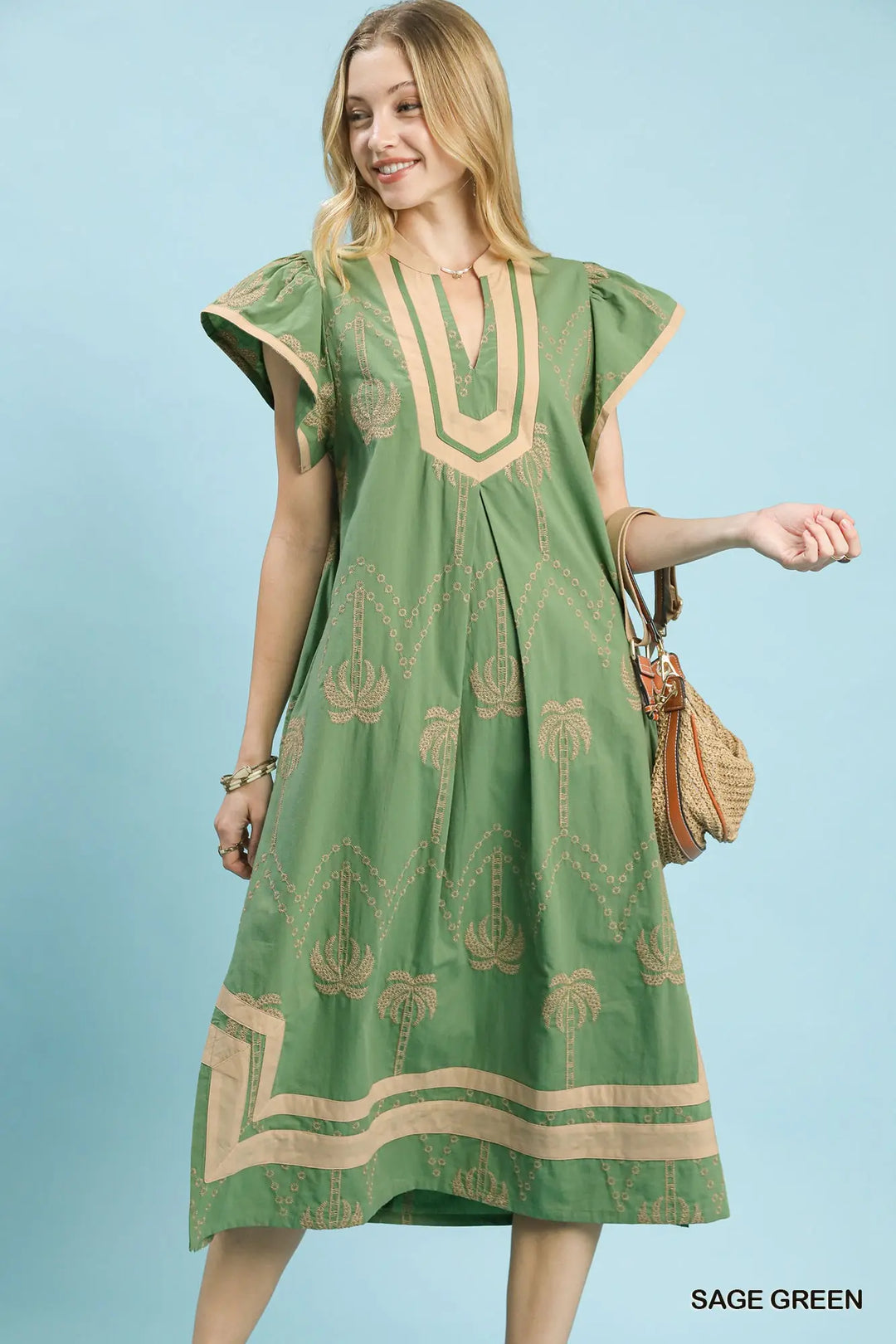 Sage Palms Embroidered Midi Dress