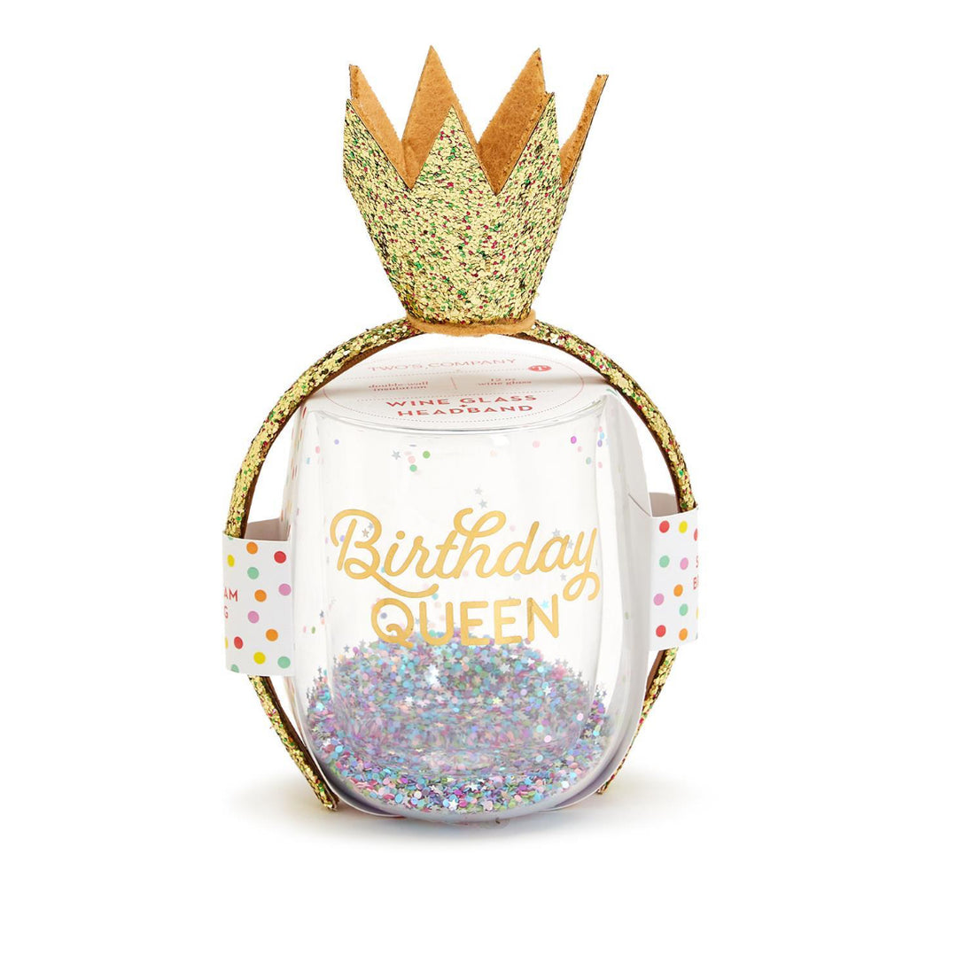Birthday Queen Glitter Wine Glass & Crown Headband Set