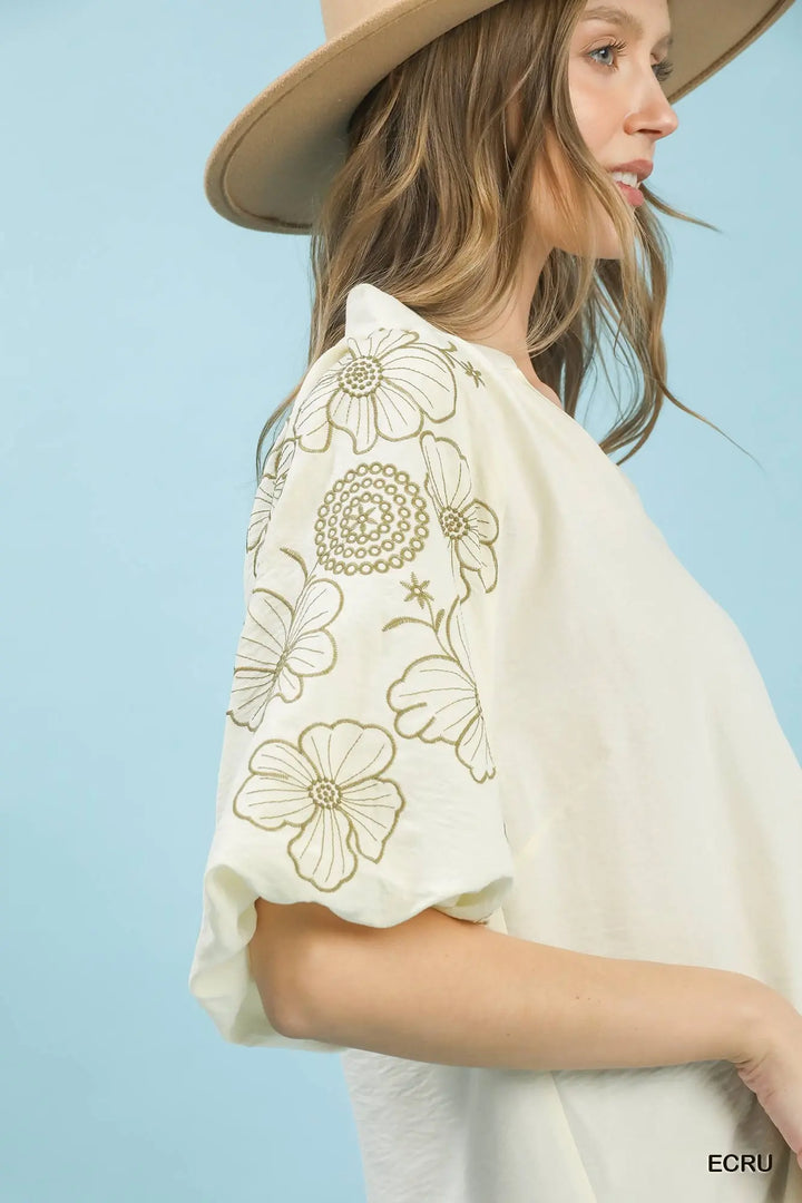 Olive Garden Embroidered Sleeve Top