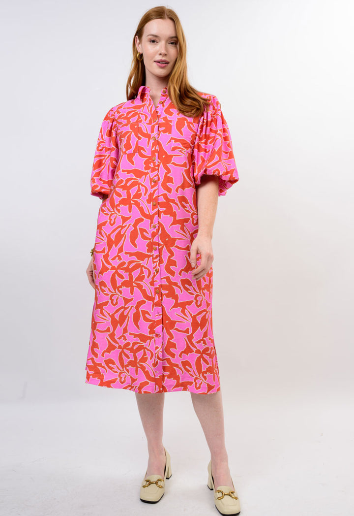 Pink Palms Button-Front Midi Dress