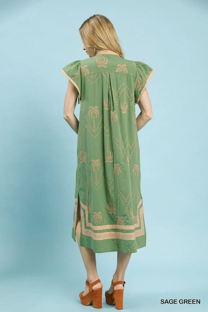 Sage Palms Embroidered Midi Dress