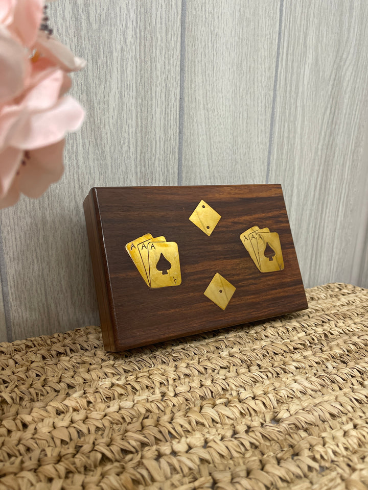 Wood Crafted Box with Playing Cards & Dice