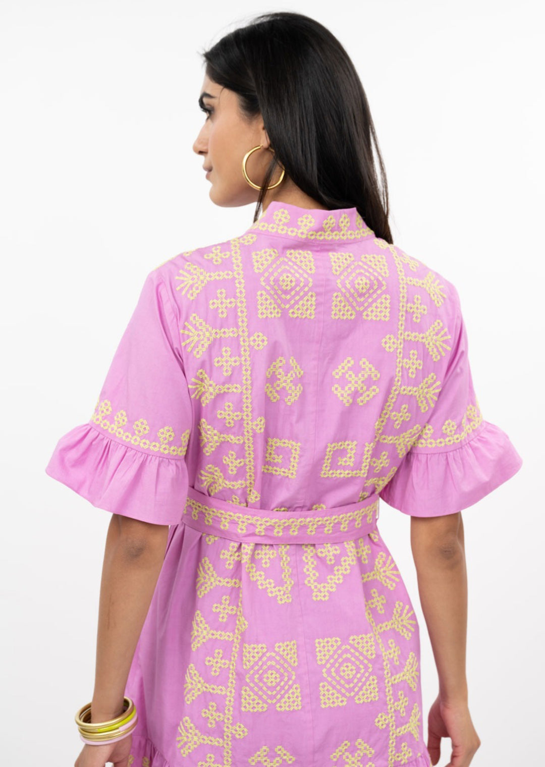 Pink Embroidered Ruffle Sleeve Dress