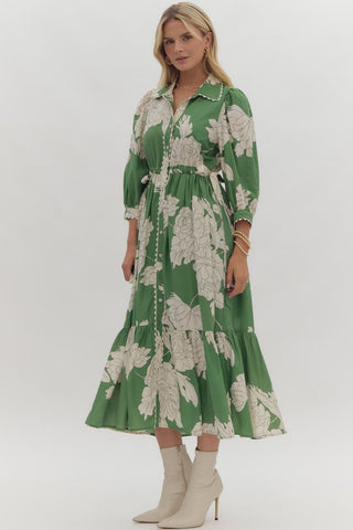 Green Floral Button Up Collared Dress