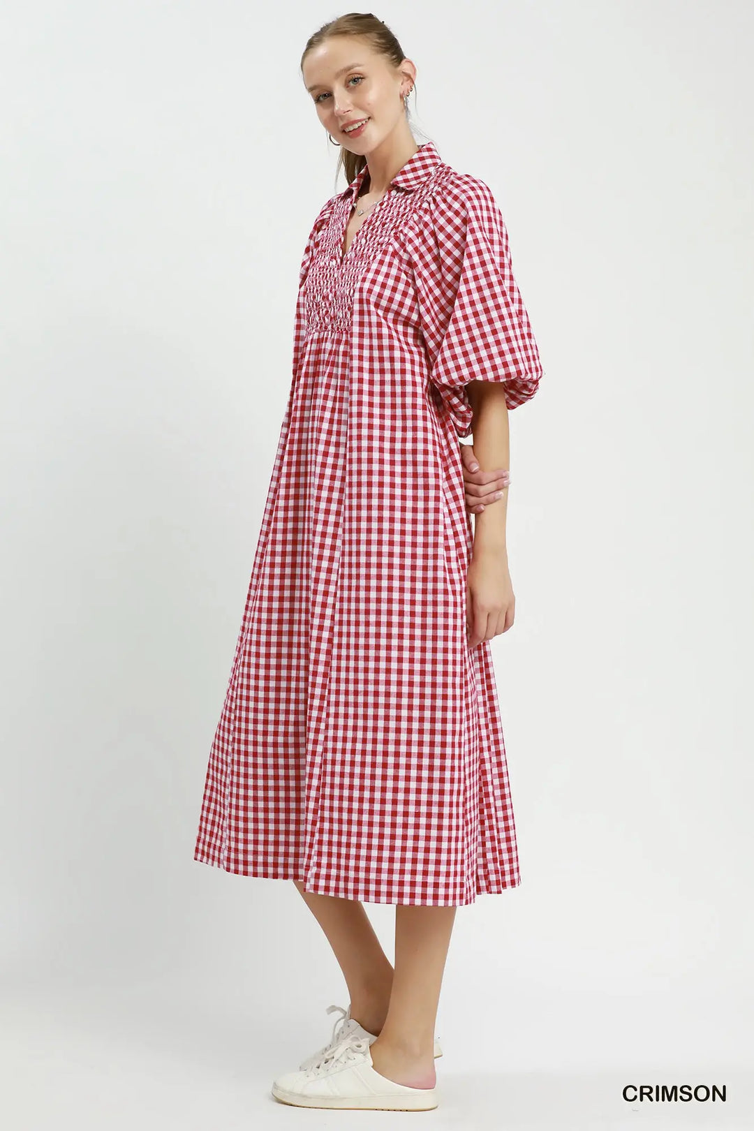 Crimson Gingham Smocked Midi Dress