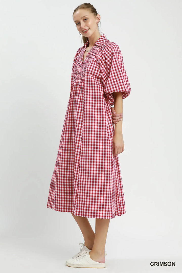 Crimson Gingham Smocked Midi Dress