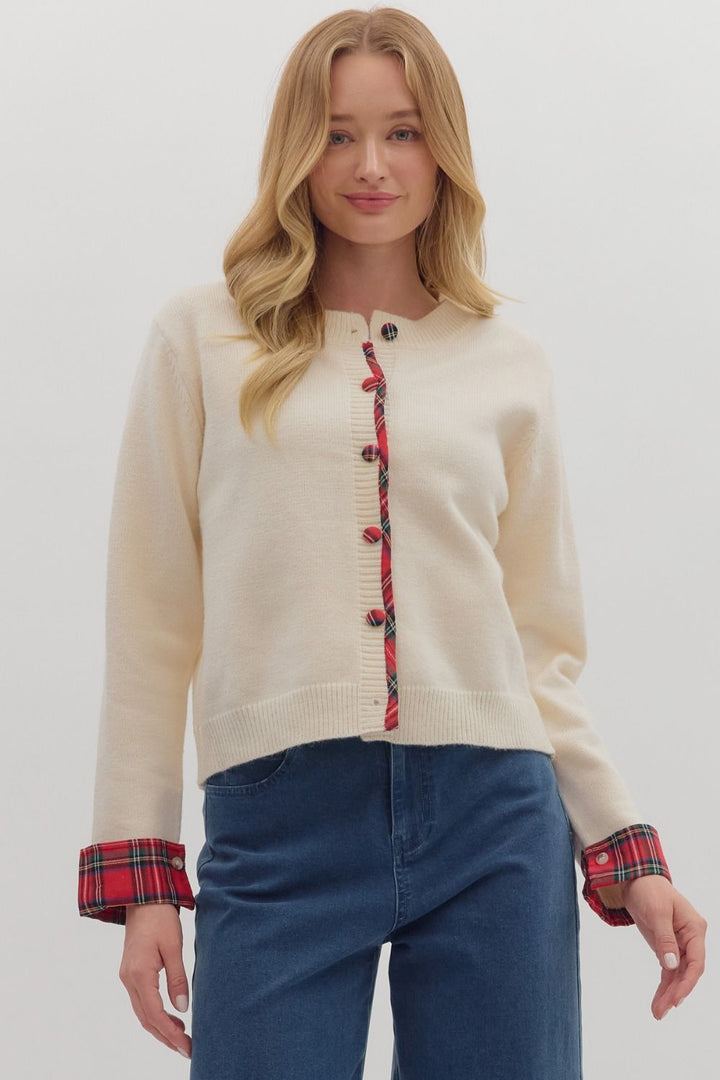 Plaid Trim Button Sweater