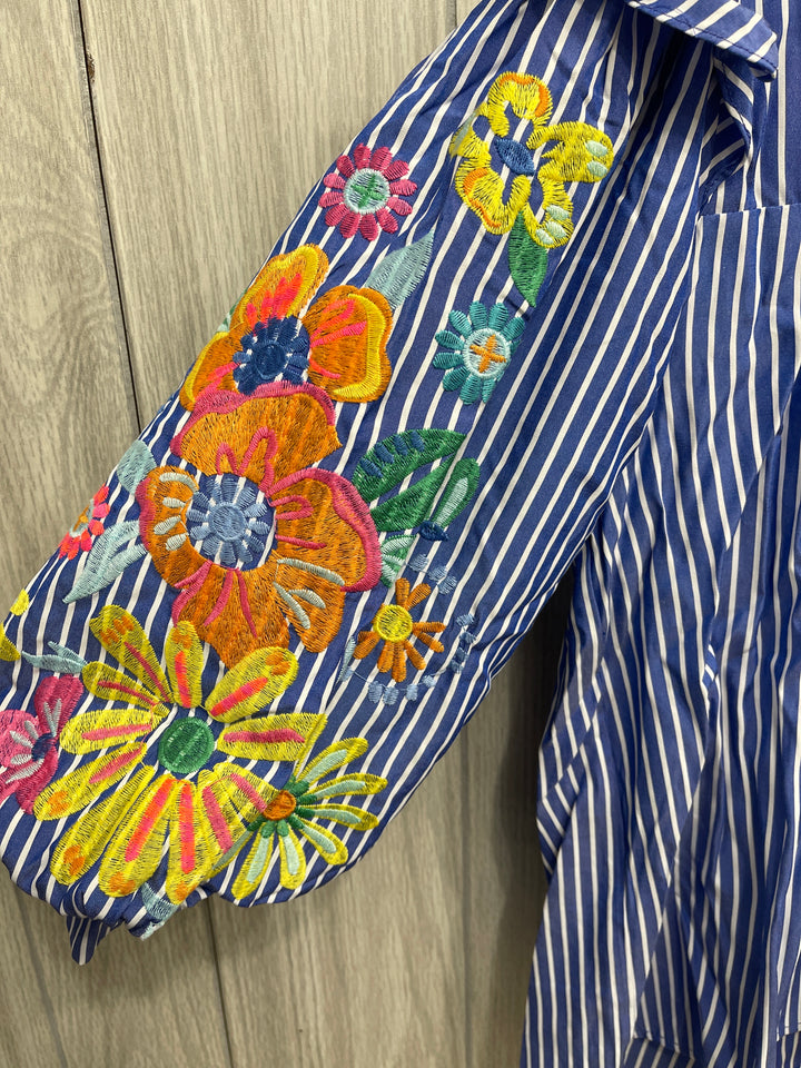 Blue Pin Stripe with Floral Embroidered Sleeves Top