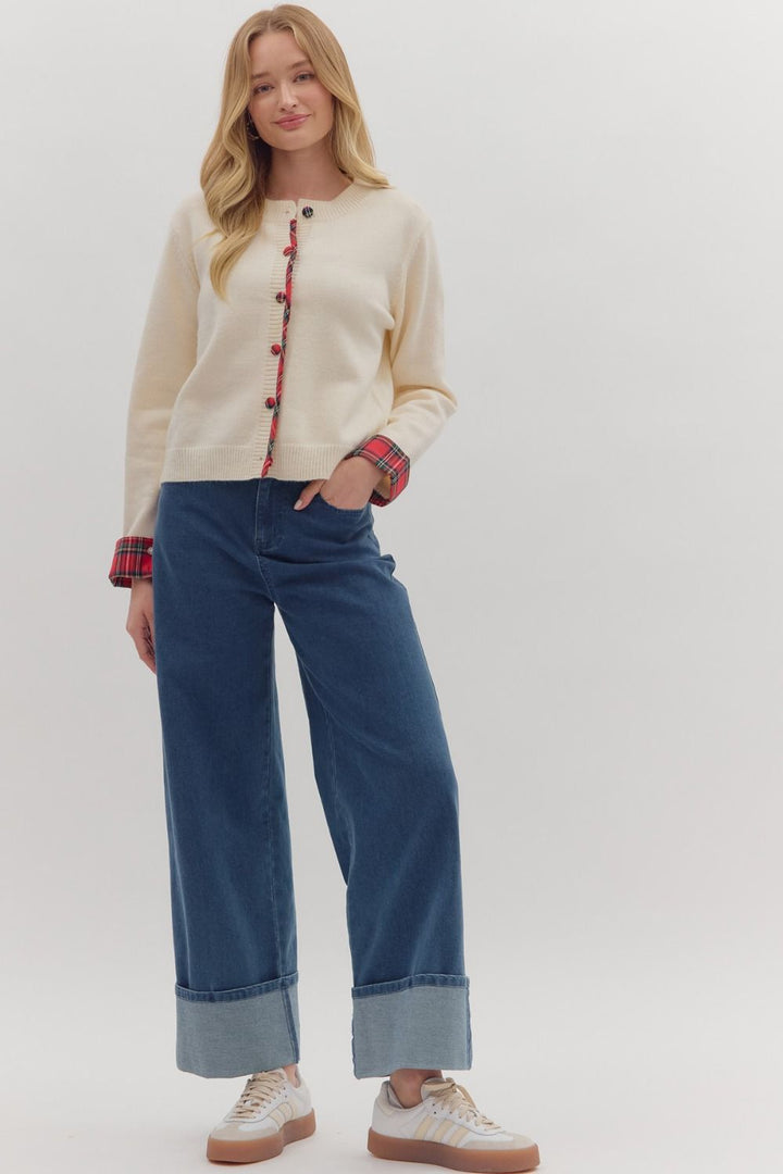 Plaid Trim Button Sweater