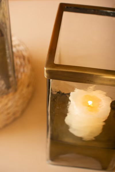 Antique Brass & Glass Square Hurricane Candle Holders
