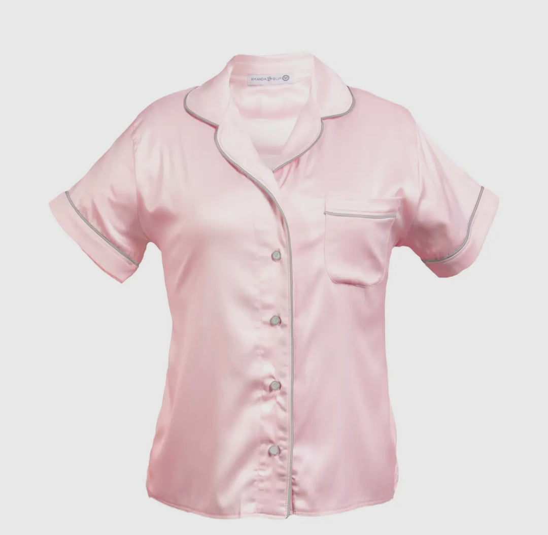 Pink & Grey Silky Satin PJ Top