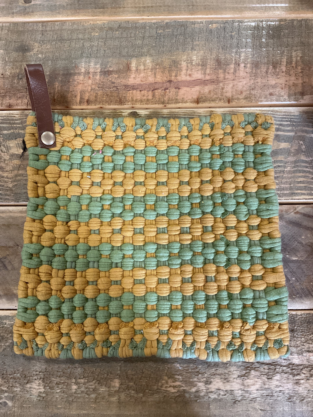 Cotton Crocheted Pot Holder with Leather Strap