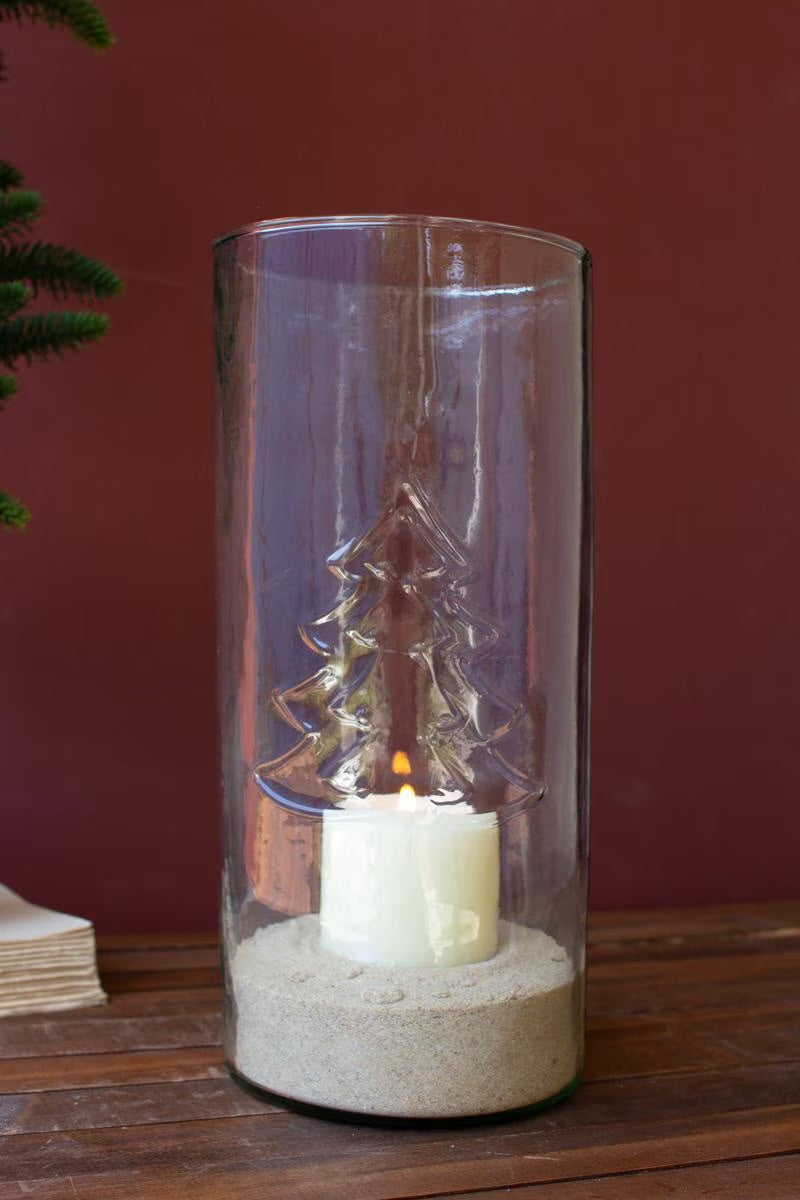 Evergreen Etched Glass Hurricane – 13.5” Tall