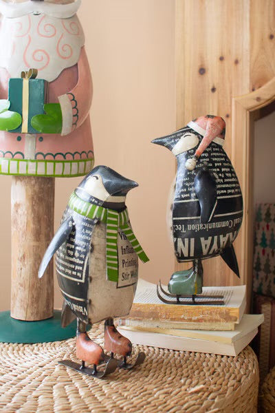 Skating Through Christmas Recycled Metal Penguins