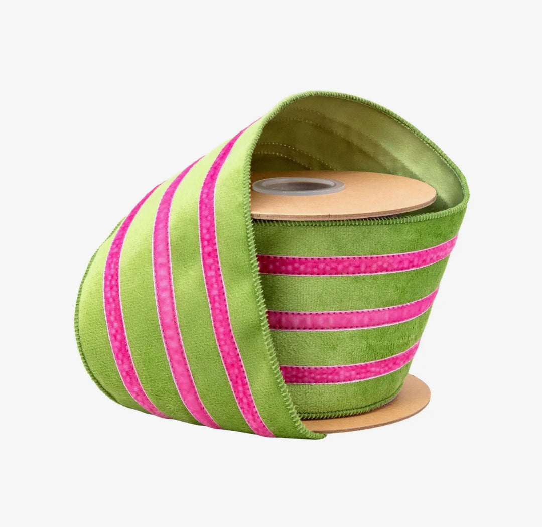 Lime & Pink Stripe Wired Velvet Ribbon