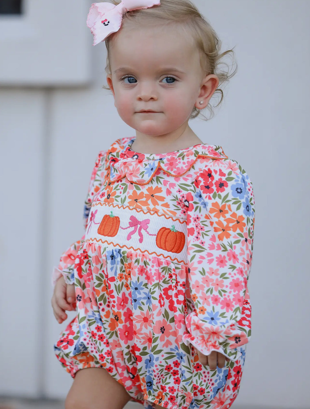 Smocked Embroidered Pumpkin & Bows Romper