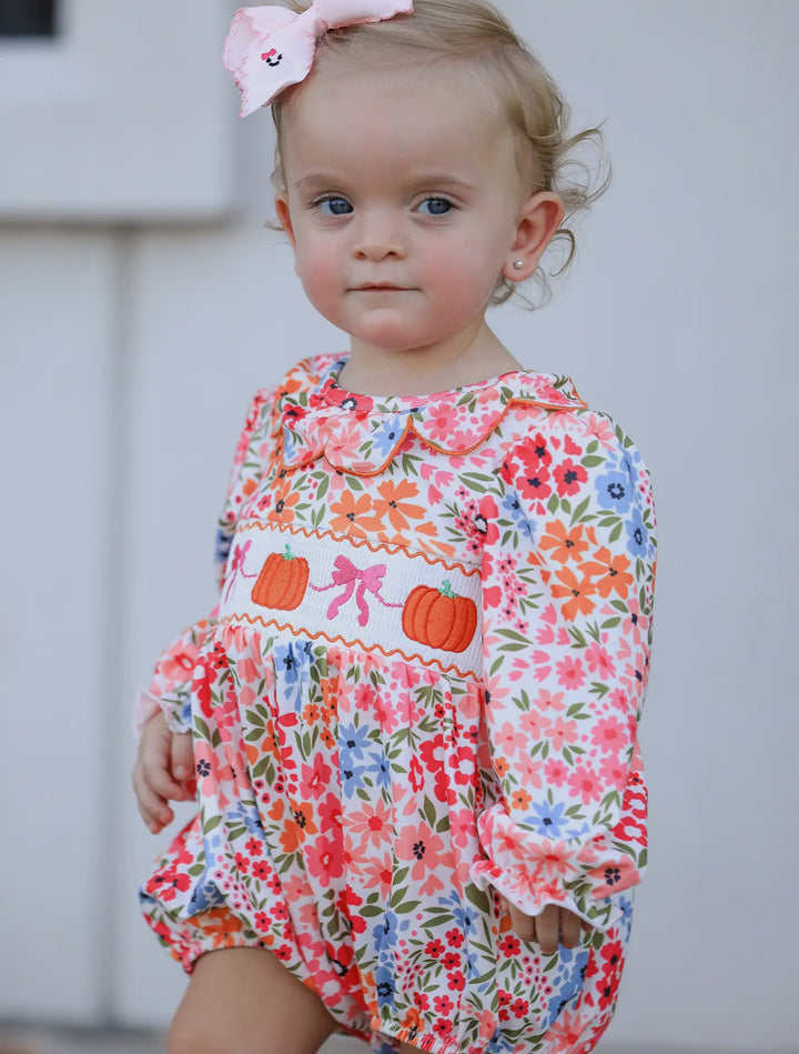Smocked Embroidered Pumpkin & Bows Romper